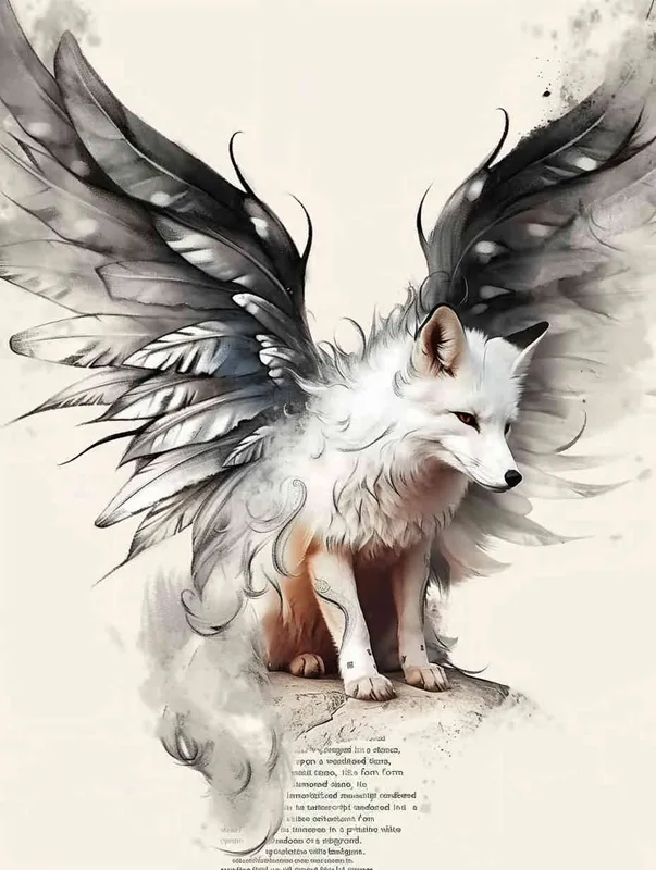 Fox with wings, front facing, crouching on a stone, tattooed manuscript, ink style, flat style, white background - style4部分