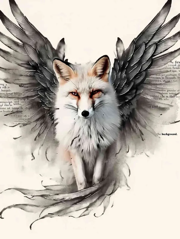 Fox with wings, front facing, crouching on a stone, tattooed manuscript, ink style, flat style, white background - style1部分