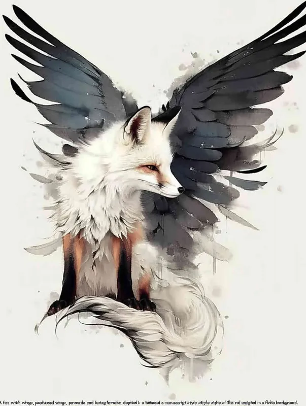 Fox with wings, front facing, crouching on a stone, tattooed manuscript, ink style, flat style, white background - style2部分
