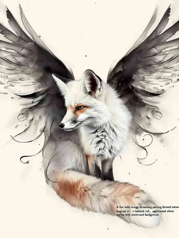 Fox with wings, front facing, crouching on a stone, tattooed manuscript, ink style, flat style, white background - style3部分