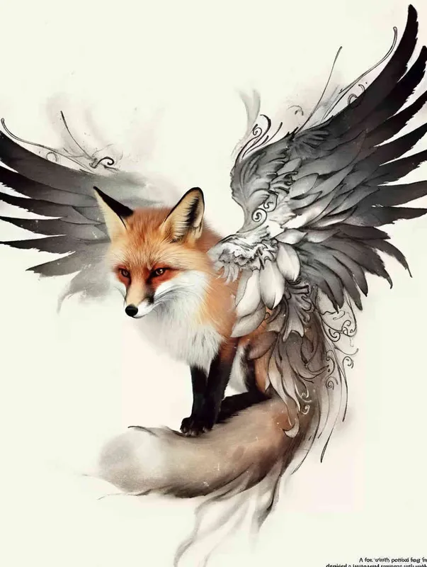 Fox with wings, front facing, crouching on a stone, tattooed manuscript, ink style, flat style, white background - style4部分