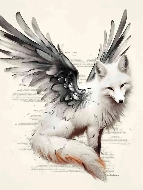 Fox with wings, front facing, crouching on a stone, tattooed manuscript, ink style, flat style, white background - style1部分