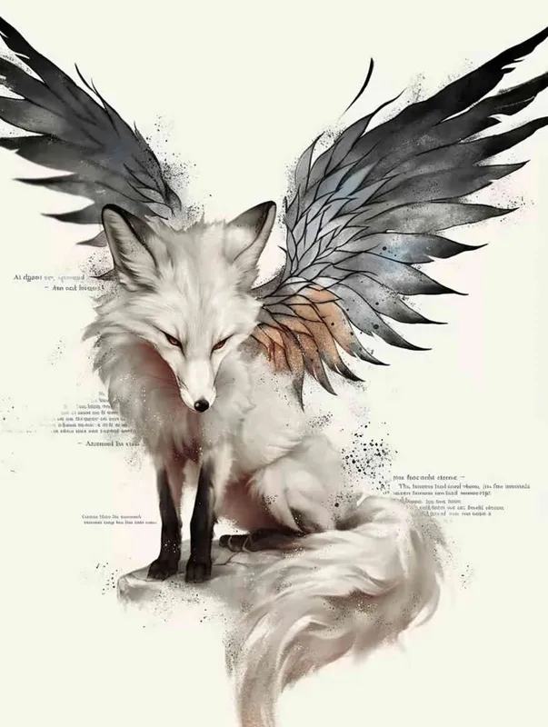 Fox with wings, front facing, crouching on a stone, tattooed manuscript, ink style, flat style, white background - style2部分