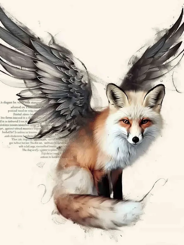 Fox with wings, front facing, crouching on a stone, tattooed manuscript, ink style, flat style, white background - style3部分