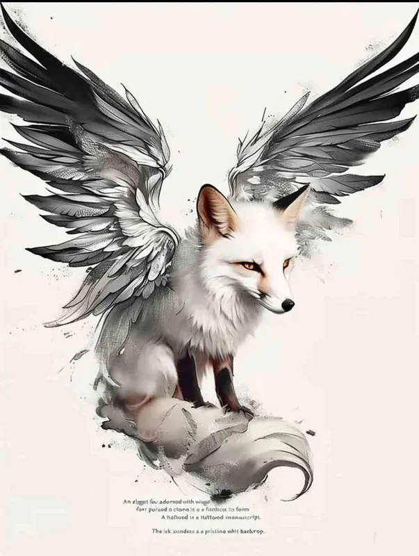 Fox with wings, front facing, crouching on a stone, tattooed manuscript, ink style, flat style, white background - style4部分