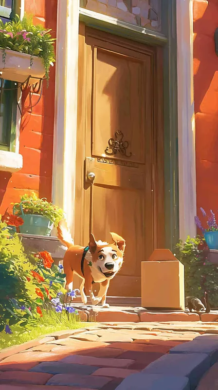 A Pixar 3D rendering showing a delivery dog approaching the package location, only to be blocked by a vigilant guard dog. Drawing inspiration from the Pixar animation style, the scene is rendered with crisp details and vibrant colors, capturing the playful interaction between the characters. The color temperature is bright and cheerful, reflecting the lighthearted nature of the scene. Soft, diffused lighting adds warmth to the encounter.–v 6 – AI绘画作品展示 | Midjourney中文版生成