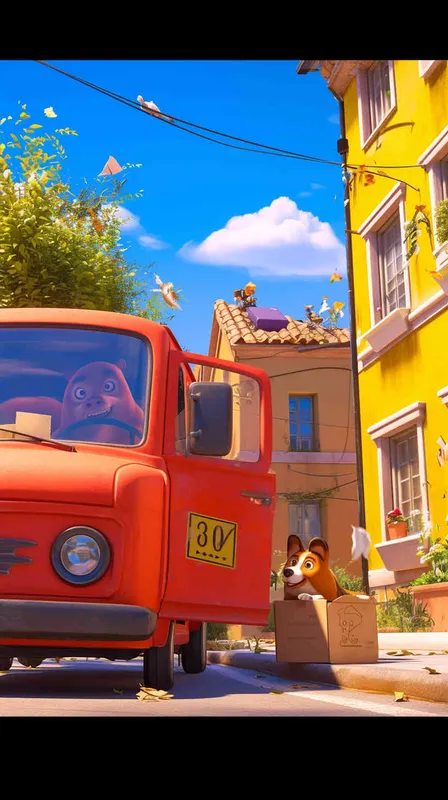 A Pixar 3D rendering showing a delivery dog approaching the package location, only to be blocked by a vigilant guard dog. Drawing inspiration from the Pixar animation style, the scene is rendered with crisp details and vibrant colors, capturing the playful interaction between the characters. The color temperature is bright and cheerful, reflecting the lighthearted nature of the scene. Soft, diffused lighting adds warmth to the encounter.--v 6 - style2部分