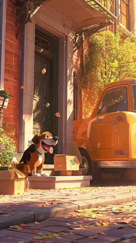 A Pixar 3D rendering showing a delivery dog approaching the package location, only to be blocked by a vigilant guard dog. Drawing inspiration from the Pixar animation style, the scene is rendered with crisp details and vibrant colors, capturing the playful interaction between the characters. The color temperature is bright and cheerful, reflecting the lighthearted nature of the scene. Soft, diffused lighting adds warmth to the encounter.--v 6 - style3部分