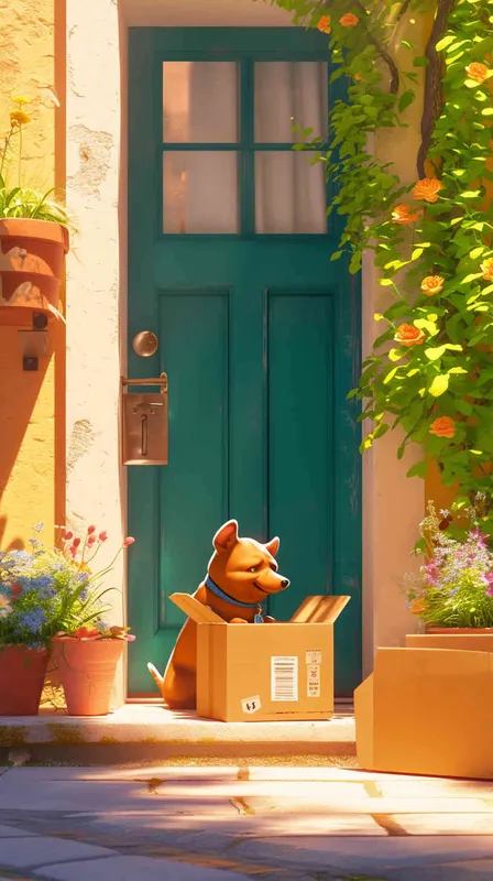 A Pixar 3D rendering showing a delivery dog approaching the package location, only to be blocked by a vigilant guard dog. Drawing inspiration from the Pixar animation style, the scene is rendered with crisp details and vibrant colors, capturing the playful interaction between the characters. The color temperature is bright and cheerful, reflecting the lighthearted nature of the scene. Soft, diffused lighting adds warmth to the encounter.--v 6 - style4部分