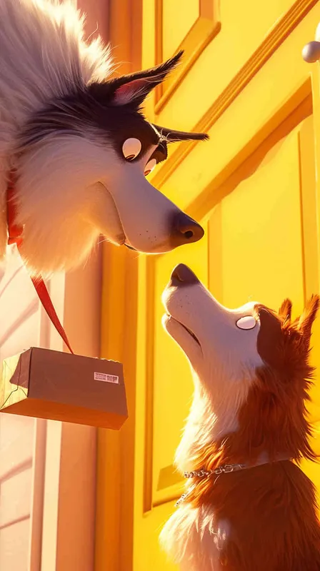 A Pixar 3D rendering showing a delivery dog engaging in a verbal exchange with a guard dog. Drawing inspiration from the Pixar animation style, the scene is rendered with crisp details and vibrant colors, capturing the playful interaction between the characters. Both dogs display animated expressions as they reach a resolution. The color temperature is bright and cheerful, reflecting the positive outcome of the negotiation. Soft, diffused lighting adds warmth to the scene. --v 6 --cref https://znrpa-s-1254076648.cos.accelerate.myqcloud.com/ai/thumb-mj-%5B33%5D-debbba5b-7.png --cw 100 - style3部分