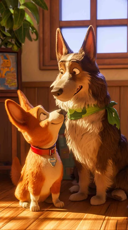 A Pixar 3D rendering showing a delivery dog engaging in a verbal exchange with a guard dog. Drawing inspiration from the Pixar animation style, the scene is rendered with crisp details and vibrant colors, capturing the playful interaction between the characters. Both dogs display animated expressions as they reach a resolution. The color temperature is bright and cheerful, reflecting the positive outcome of the negotiation. Soft, diffused lighting adds warmth to the scene. --v 6 --cref https://znrpa-s-1254076648.cos.accelerate.myqcloud.com/ai/thumb-mj-%5B33%5D-debbba5b-7.png --cw 100 - style4部分