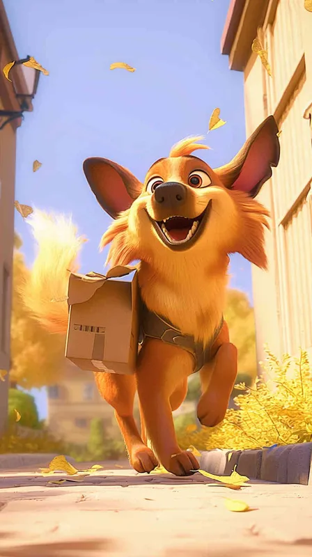 A Pixar 3D rendering showing a delivery dog retrieving a package and moving forward on its delivery route. Drawing inspiration from Pixar's animation style, the scene is rendered with crisp details and bright, lively colors, conveying a sense of excitement and motion. The color temperature is neutral, maintaining a balanced atmosphere. Soft, ambient lighting adds warmth to the scene, enhancing its inviting feel.--v 6 --cref https://znrpa-s-1254076648.cos.accelerate.myqcloud.com/ai/thumb-mj-%5B33%5D-debbba5b-7.png --cw 100 - style1部分