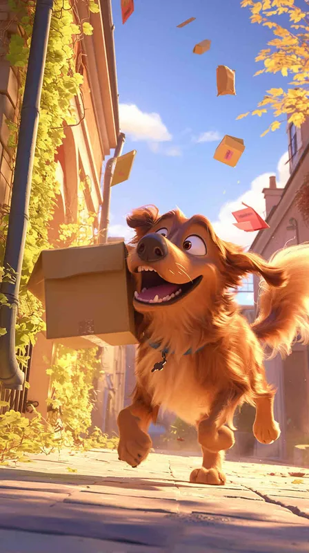 A Pixar 3D rendering showing a delivery dog retrieving a package and moving forward on its delivery route. Drawing inspiration from Pixar's animation style, the scene is rendered with crisp details and bright, lively colors, conveying a sense of excitement and motion. The color temperature is neutral, maintaining a balanced atmosphere. Soft, ambient lighting adds warmth to the scene, enhancing its inviting feel.--v 6 --cref https://znrpa-s-1254076648.cos.accelerate.myqcloud.com/ai/thumb-mj-%5B33%5D-debbba5b-7.png --cw 100 - style2部分