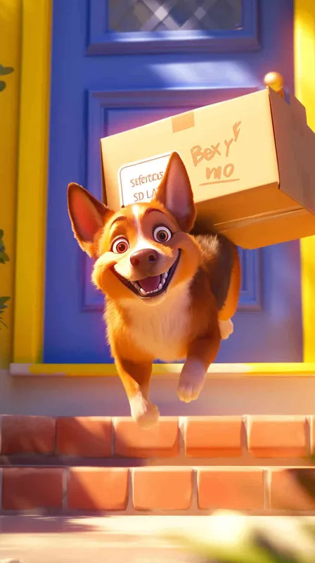A Pixar 3D rendering showing a delivery dog retrieving a package and moving forward on its delivery route. Drawing inspiration from Pixar's animation style, the scene is rendered with crisp details and bright, lively colors, conveying a sense of excitement and motion. The color temperature is neutral, maintaining a balanced atmosphere. Soft, ambient lighting adds warmth to the scene, enhancing its inviting feel.--v 6 --cref https://znrpa-s-1254076648.cos.accelerate.myqcloud.com/ai/thumb-mj-%5B33%5D-debbba5b-7.png --cw 100 - style3部分