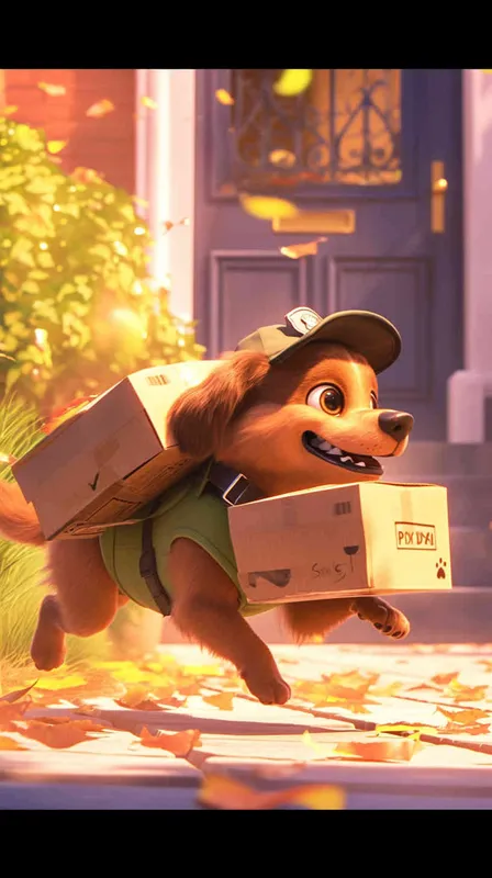 A Pixar 3D rendering showing a delivery dog retrieving a package and moving forward on its delivery route. Drawing inspiration from Pixar's animation style, the scene is rendered with crisp details and bright, lively colors, conveying a sense of excitement and motion. The color temperature is neutral, maintaining a balanced atmosphere. Soft, ambient lighting adds warmth to the scene, enhancing its inviting feel.--v 6 --cref https://znrpa-s-1254076648.cos.accelerate.myqcloud.com/ai/thumb-mj-%5B33%5D-debbba5b-7.png --cw 100 - style4部分