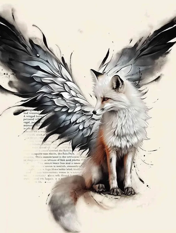 Fox with wings, front facing, crouching on a stone, tattooed manuscript, ink style, flat style,  tattoo design , lines ,  black and white ,  - style1部分