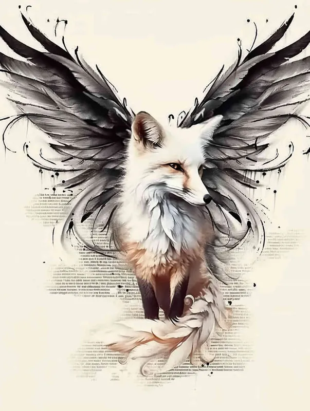 Fox with wings, front facing, crouching on a stone, tattooed manuscript, ink style, flat style,  tattoo design , lines ,  black and white ,  - style2部分