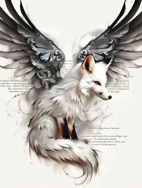 Fox with wings, front facing, crouching on a stone, tattooed manuscript, ink style, flat style,  tattoo design , lines ,  black and white ,  - style3部分