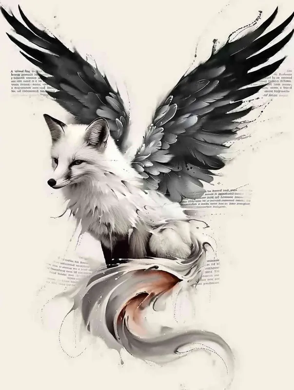 Fox with wings, front facing, crouching on a stone, tattooed manuscript, ink style, flat style,  tattoo design , lines ,  black and white ,  - style4部分
