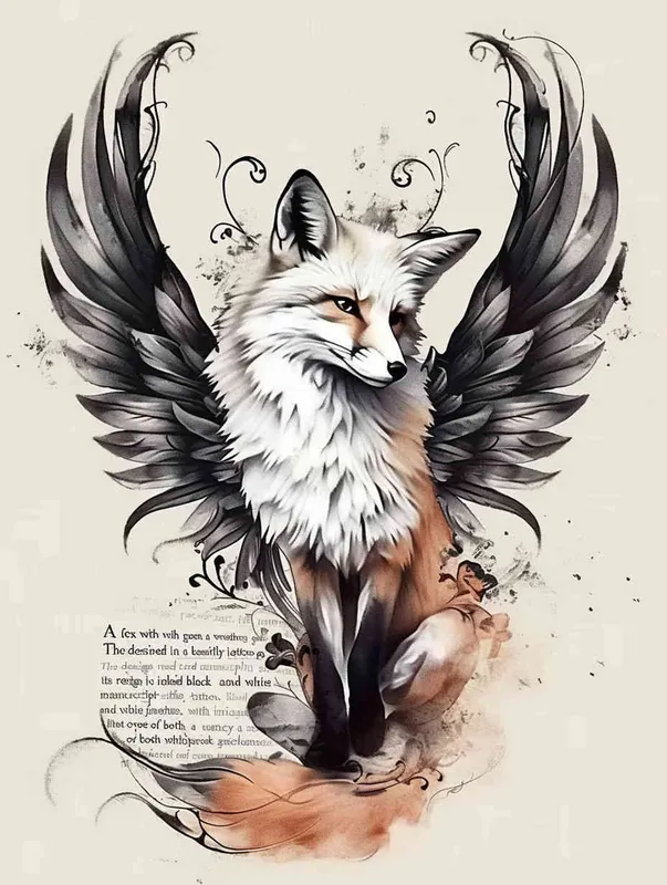 Fox with wings, front facing, crouching on a stone, tattooed manuscript, ink style, flat style,  tattoo design , lines ,  black and white ,  - style1部分