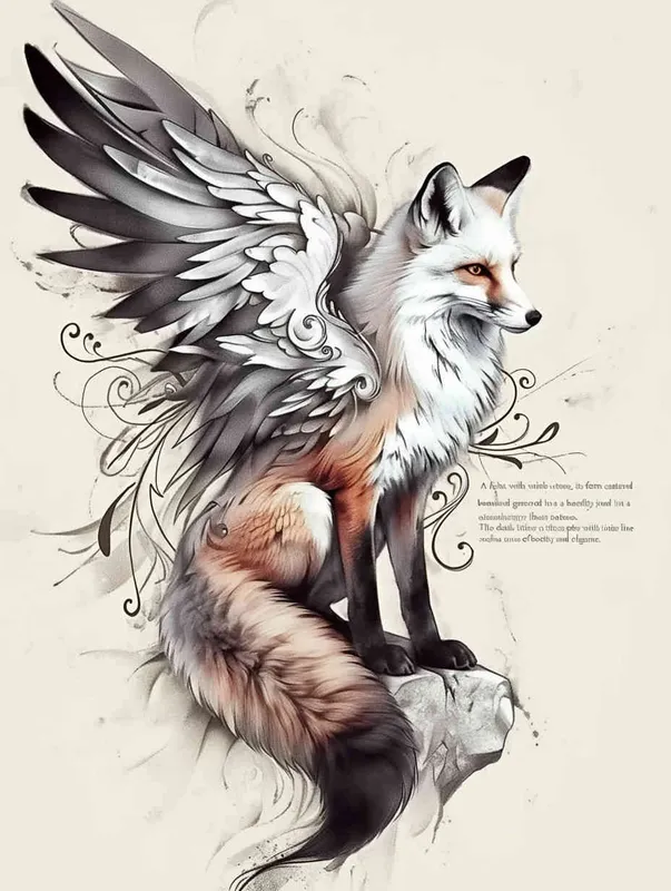 Fox with wings, front facing, crouching on a stone, tattooed manuscript, ink style, flat style,  tattoo design , lines ,  black and white ,  - style3部分