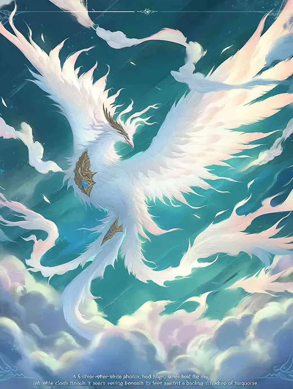A silver white phoenix, with its head tilted back, wings spread out and flying, with white clouds swirling under its feet and a turquoise background - style1部分