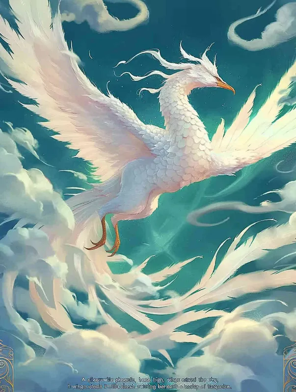 A silver white phoenix, with its head tilted back, wings spread out and flying, with white clouds swirling under its feet and a turquoise background - style2部分