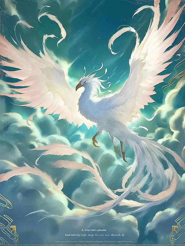 A silver white phoenix, with its head tilted back, wings spread out and flying, with white clouds swirling under its feet and a turquoise background - style3部分