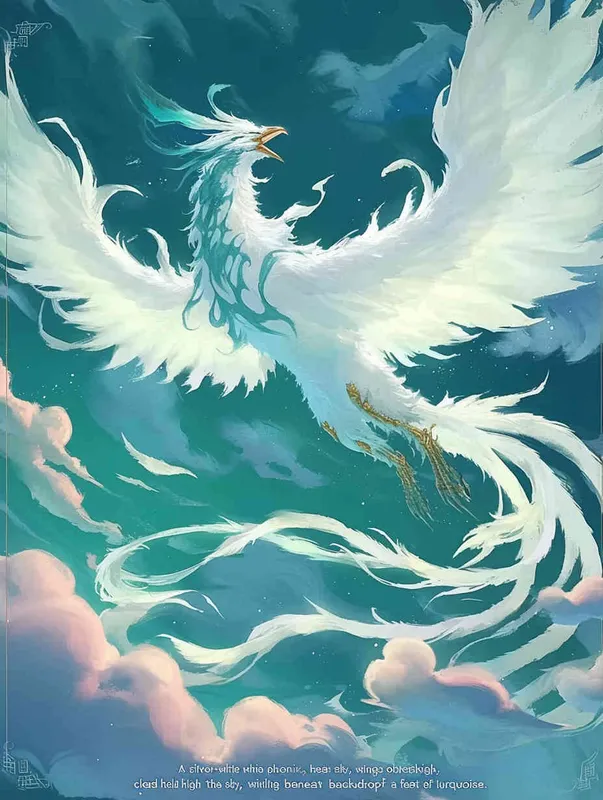 A silver white phoenix, with its head tilted back, wings spread out and flying, with white clouds swirling under its feet and a turquoise background - style4部分