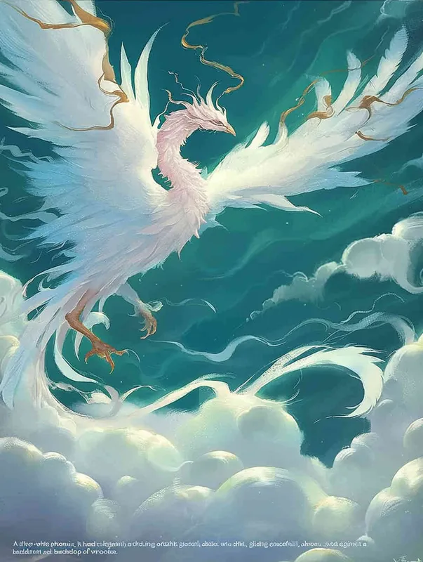 A silver white phoenix, with its head tilted back, wings spread out and flying, with white clouds swirling under its feet and a turquoise background - AI绘画作品展示 | Midjourney中文版生成