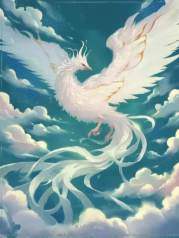 A silver white phoenix, with its head tilted back, wings spread out and flying, with white clouds swirling under its feet and a turquoise background - style2部分