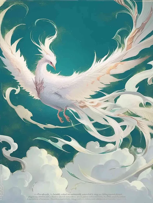 A silver white phoenix, with its head tilted back, wings spread out and flying, with white clouds swirling under its feet and a turquoise background - style3部分
