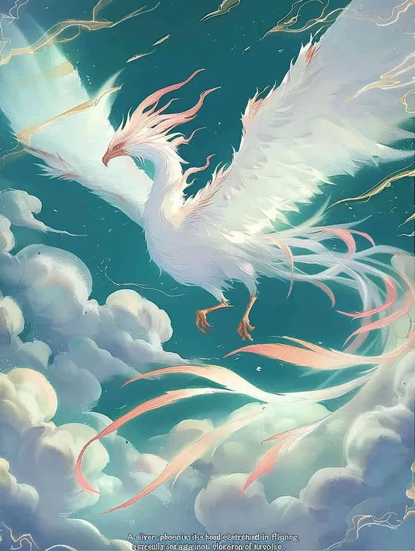 A silver white phoenix, with its head tilted back, wings spread out and flying, with white clouds swirling under its feet and a turquoise background - style4部分