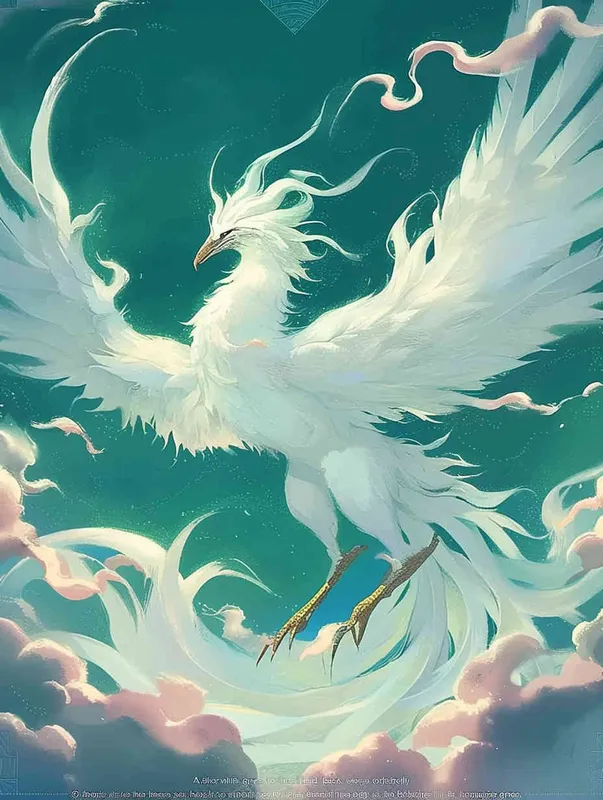 A silver white phoenix facing to the left, with its head tilted back, wings spread out, and flowing clouds swirling under its feet. The background is turquoise green - style1部分