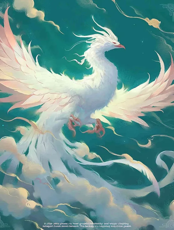A silver white phoenix facing to the left, with its head tilted back, wings spread out, and flowing clouds swirling under its feet. The background is turquoise green - style2部分