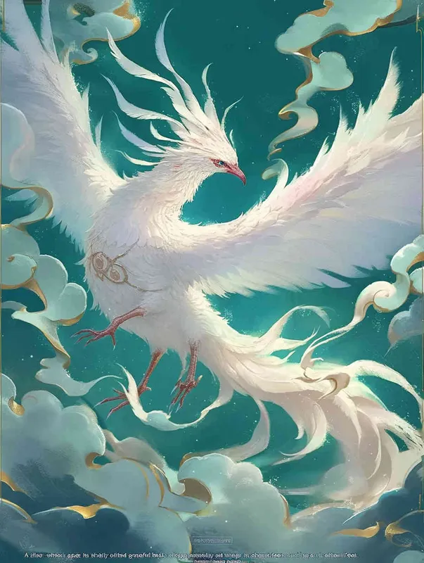 A silver white phoenix facing to the left, with its head tilted back, wings spread out, and flowing clouds swirling under its feet. The background is turquoise green - style3部分