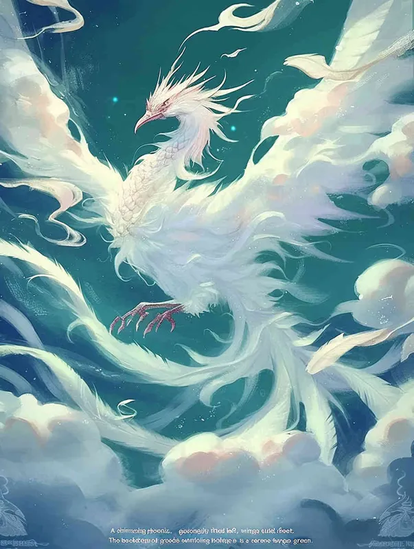 A silver white phoenix facing to the left, with its head tilted back, wings spread out, and flowing clouds swirling under its feet. The background is turquoise green – AI绘画作品展示 | Midjourney中文版生成