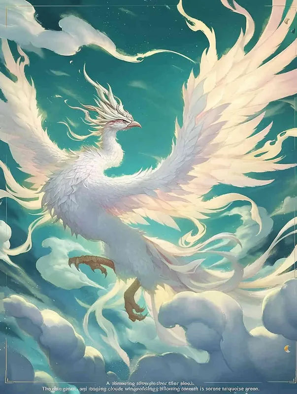 A silver white phoenix facing to the left, with its head tilted back, wings spread out, and flowing clouds swirling under its feet. The background is turquoise green - style2部分