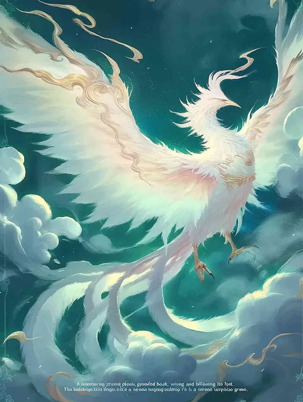 A silver white phoenix facing to the left, with its head tilted back, wings spread out, and flowing clouds swirling under its feet. The background is turquoise green - style3部分