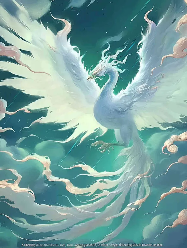 A silver white phoenix facing to the left, with its head tilted back, wings spread out, and flowing clouds swirling under its feet. The background is turquoise green - style4部分
