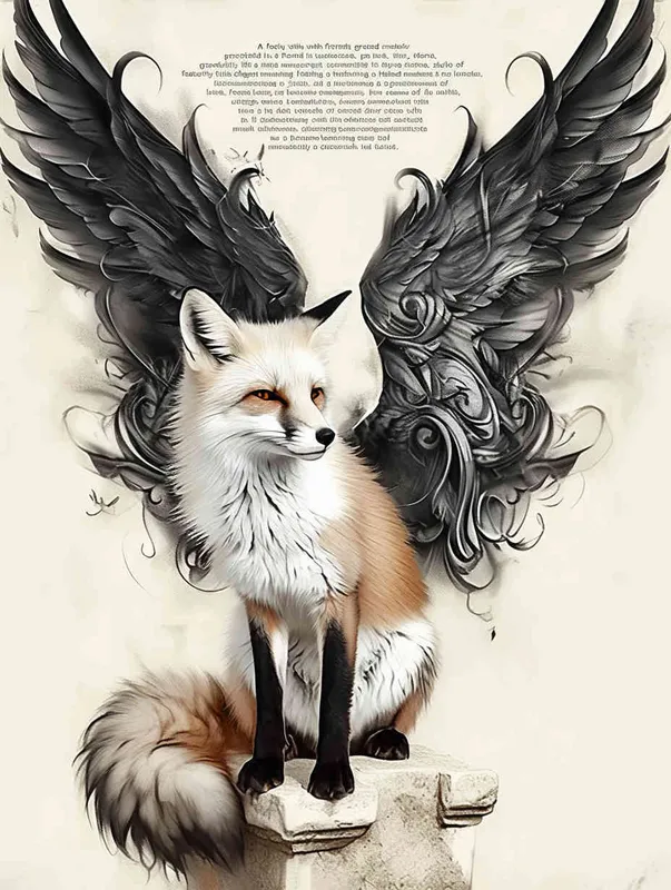 Fox with wings, front view , sitting upright, squatting on a stone, tattooed manuscript, ink style, flat style, tattoo pattern, lines, black and white - style1部分