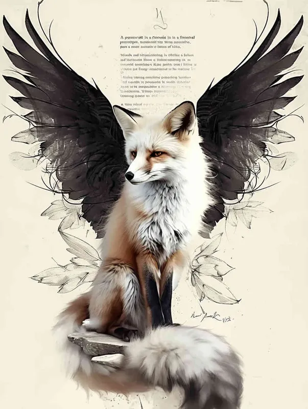 Fox with wings, front view , sitting upright, squatting on a stone, tattooed manuscript, ink style, flat style, tattoo pattern, lines, black and white - style2部分