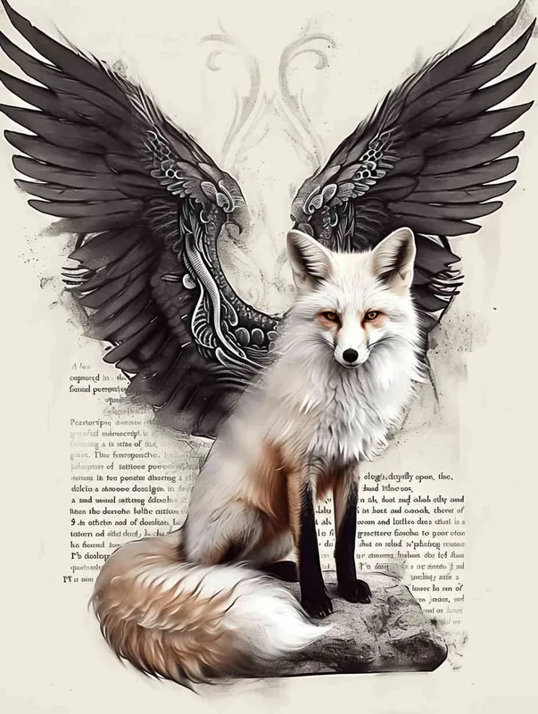 Fox with wings, front view , sitting upright, squatting on a stone, tattooed manuscript, ink style, flat style, tattoo pattern, lines, black and white - style3部分
