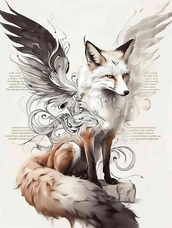 Fox with wings, sitting upright with head up, crouching on a stone, tattooed manuscript in ink and wash style, flat style, tattoo pattern, clear lines, freehand ink and wash style, black and white - style1部分