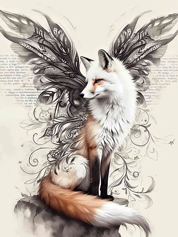 Fox with wings, sitting upright with head up, crouching on a stone, tattooed manuscript in ink and wash style, flat style, tattoo pattern, clear lines, freehand ink and wash style, black and white - style2部分