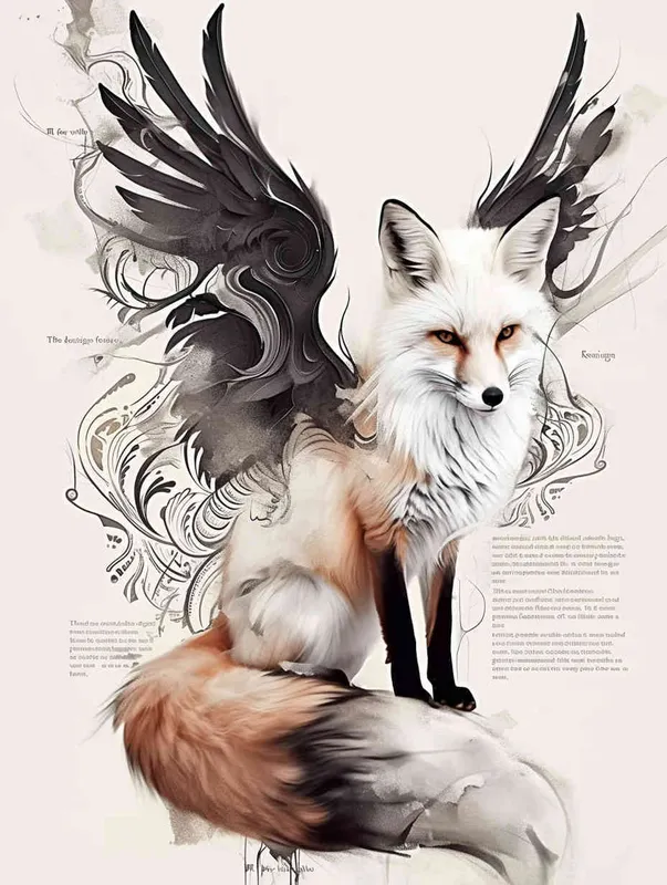 Fox with wings, sitting upright with head up, crouching on a stone, tattooed manuscript in ink and wash style, flat style, tattoo pattern, clear lines, freehand ink and wash style, black and white - style3部分