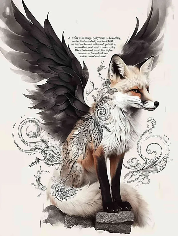Fox with wings, sitting upright with head up, crouching on a stone, tattooed manuscript in ink and wash style, flat style, tattoo pattern, clear lines, freehand ink and wash style, black and white - style4部分