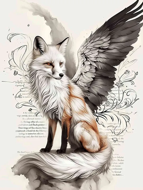 Fox with wings, sitting upright with head up, squatting on a stone, tattooed manuscript in ink and wash style, flat style, tattoo pattern, clear lines, fox should not be painted in three dimensions, freehand ink and wash style, black and white - style1部分