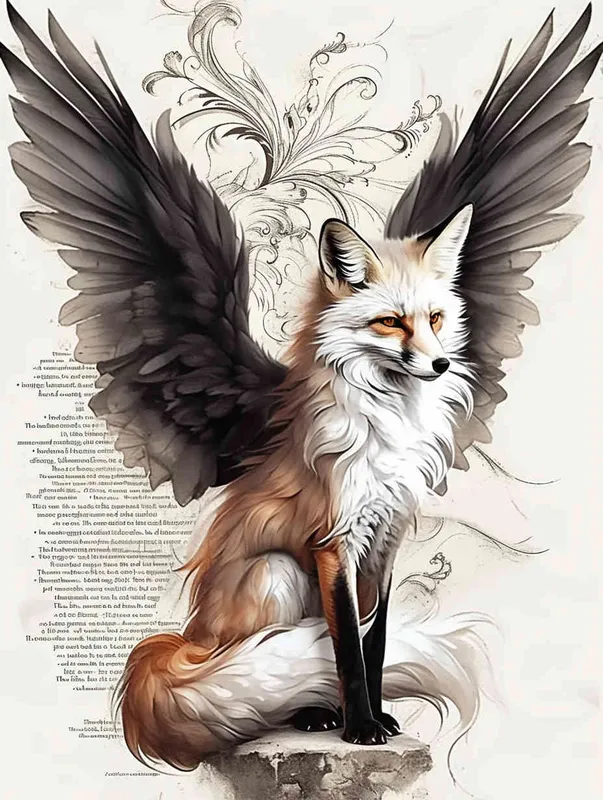 Fox with wings, sitting upright with head up, squatting on a stone, tattooed manuscript in ink and wash style, flat style, tattoo pattern, clear lines, fox should not be painted in three dimensions, freehand ink and wash style, black and white - style2部分