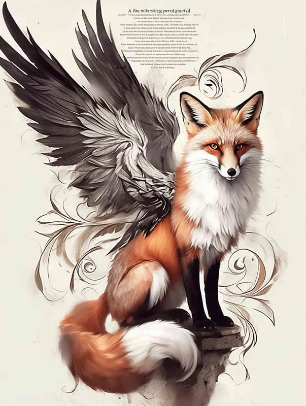 Fox with wings, sitting upright with head up, squatting on a stone, tattooed manuscript in ink and wash style, flat style, tattoo pattern, clear lines, fox should not be painted in three dimensions, freehand ink and wash style, black and white - style3部分